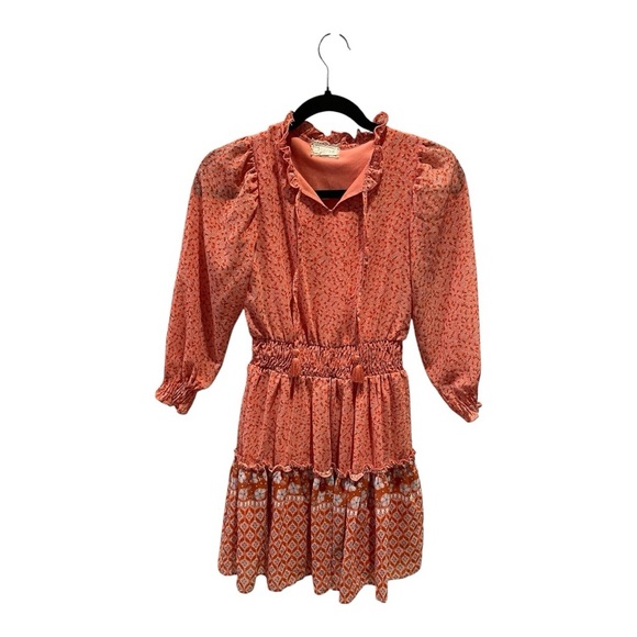 btween Pink Orange Smocked Ruffled Sundress long sleeve Dress Size 10 - Picture 4 of 10